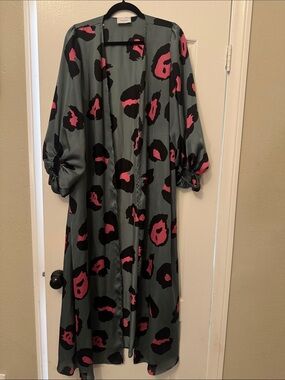 Adrienne Olive Green Long Kimono Coat with Black and Pink Leopard Print